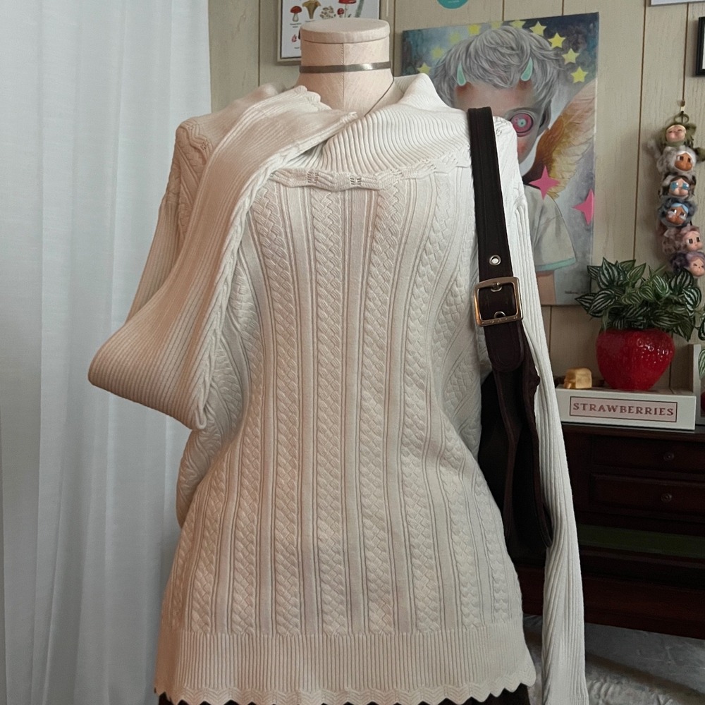 Jeanne Pierre Woman Cream 100% Cotton Cable Knit Scalloped Collar Sweater 1X